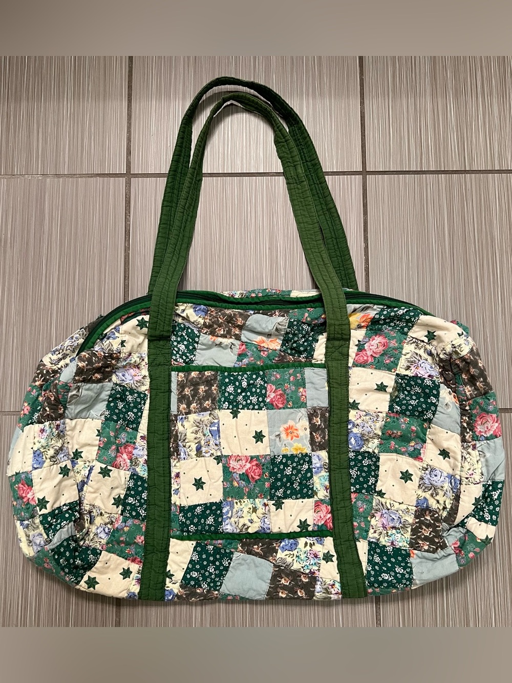 Vintage Quilted Duffle bag floral print overnight bag boho green cream